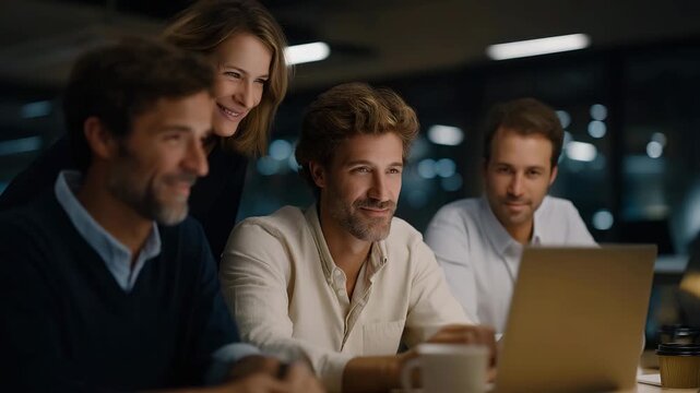 Team gathered around the new hire&rsquo;s desk with laughter, coffee mugs, and open laptops &mdash; authentic workplace camaraderie, communication, and teamwork, showcasing a company that values collaboration