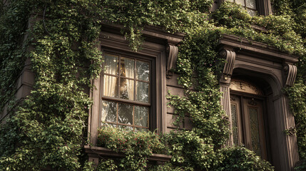 A residence with lush verdure cascading down its facade, enveloping the building's windows