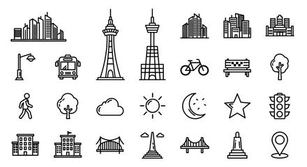 Collection of Cityscape and Urban Element Line Art Icons.