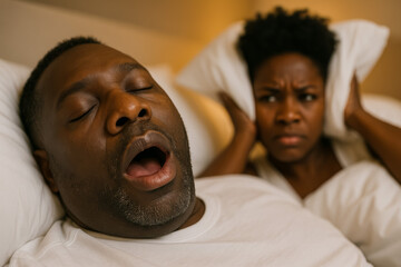Frustrated woman struggling with man's loud snoring in bed
