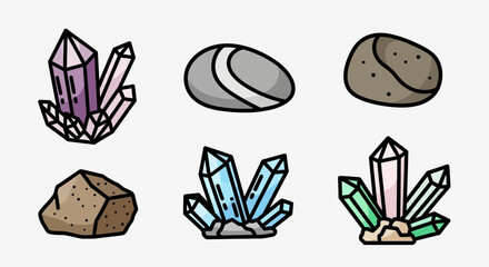 Collection of Colorful Crystals and Stones in Cartoon Style.