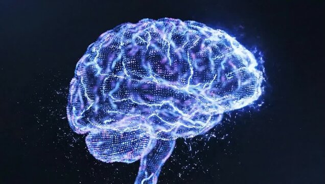 Futuristic 3D brainstem anatomy made of glowing neon blue and purple electric particles vibrating with energy pulses
