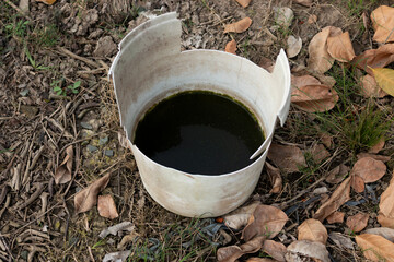Broken plastic bucket containing dark, stagnant water, discarded on the ground with grass and dry leaves. Illustrates pollution, plastic waste, and damaged environment issues