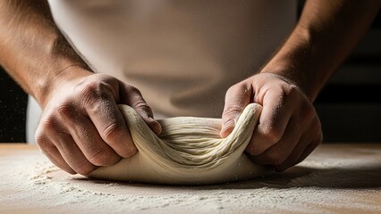 Baker folding dough on floured table, dark moody contrast, bakery photography for authentic craft storytelling & artisanal product visuals