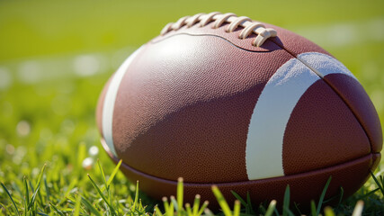 American Football on Grass Field – Leather Texture in Sunlight for Sports Training, Team Practice, and Athletic Competition Concepts