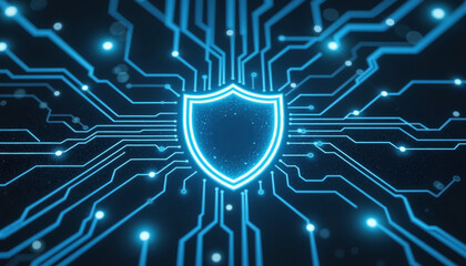 Cybersecurity Shield – Glowing Blue Circuit Lines and Digital Particles for Social Security Brochures, Online Protection Presentations, and Digital Safety Campaigns