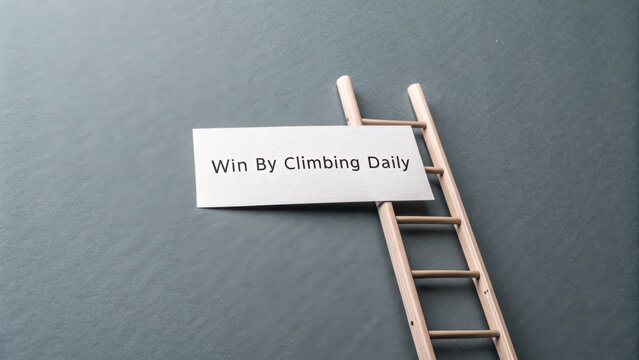 Wooden ladder with a sign promoting daily climbing to win - Powered by Adobe