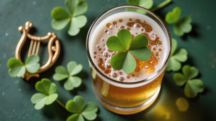 Saint Patrick's Day Beer Glass – Four-Leaf Clover and Celtic Harp Emblem for Irish Celebration Marketing