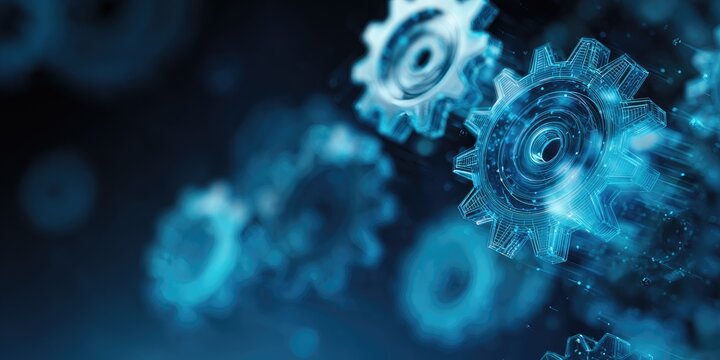 Floating, interconnected, digital gears in shades of blue with particle trails