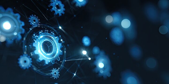 Glowing blue gears interconnected on a dark background with connecting lines - Powered by Adobe
