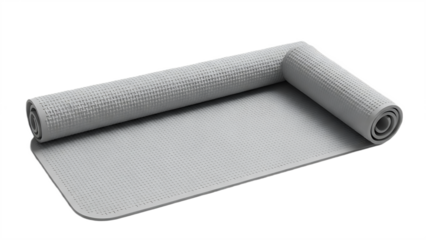 Rolled gray yoga mat with textured surface fitness equipment for exercise and wellness isolated on white background