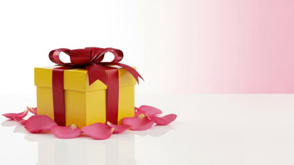 Obraz premium A yellow gift box with a red ribbon and pink rose petals on a white surface with a pink background