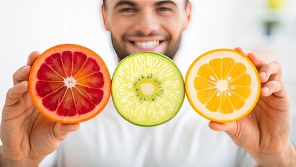Man smiling holding fresh fruit slices