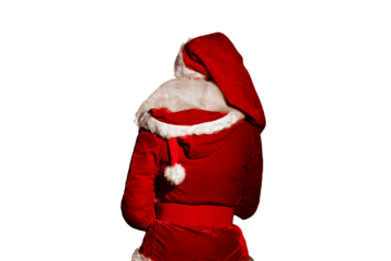 transparent background, isolated image. Santa Claus costume with red fabric and white fur trim, showcasing festive attire and holiday spirit, perfect for Christmas celebrations and seasonal events