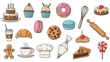 Collection of Delicious Bakery and Pastry Items in Cartoon Style.