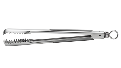 Stainless steel kitchen tongs with serrated jaws a versatile utensil for grilling serving and cooking isolated on a white background