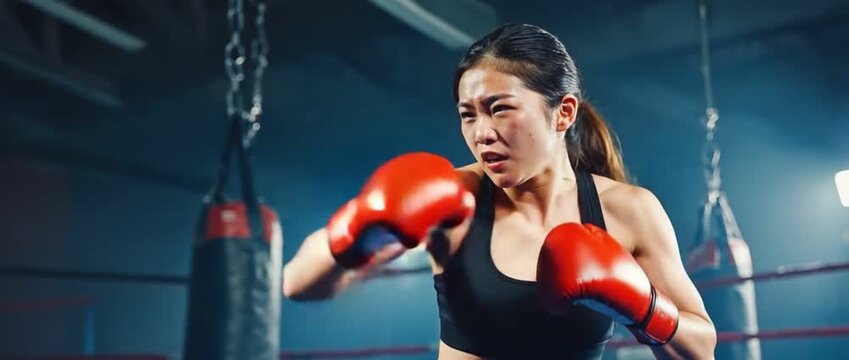 Unwavering Determination: A female boxer delivers a powerful punch during an intense training session within a boxing gym. The image captures the grit, focus.