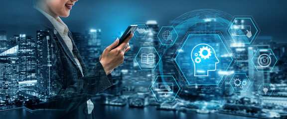 Head with gear and icons representing learning, digital training, and development process, showing skill growth for human or AI systems through knowledge or task optimization Vouch