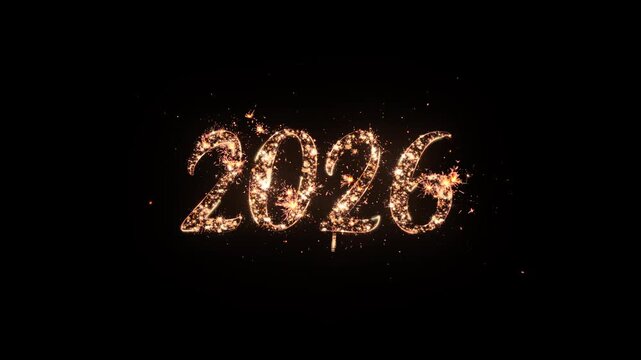 2026 Happy New Year numbers design with golden particles and sparks on the black background, beautiful magic typography.