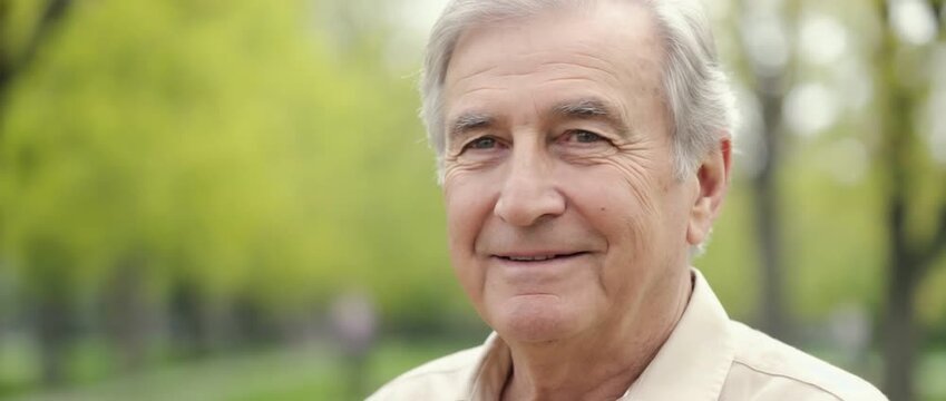 Serene Smile: A senior man exudes tranquility and contentment, his warm smile reflecting a lifetime of experience and wisdom, embraced by the soft, natural background.