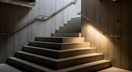 Concrete staircase with metal handrails illuminated by warm light