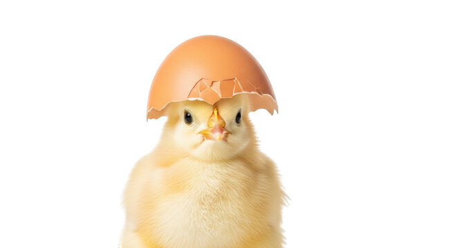 Yellow chick wearing cracked eggshell hat on black background - Powered by Adobe