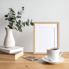 A minimalist desk setup with a white vase of eucalyptus, stacked books, a blank wooden frame, a smartphone, and a cup of coffee on a light wooden surface against a white wall.