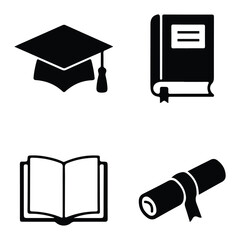 Graduation and Education Icon Set Diploma, Books, and Graduation Cap Silhouette Vector