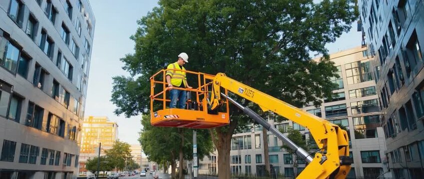 Elevated Arborist: A dedicated arborist expertly trims a towering tree from an aerial lift platform, embodying precision and environmental care.
