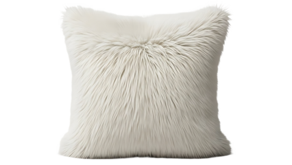 Fluffy white faux fur cushion soft decorative pillow for cozy home decor isolated on a clean white background