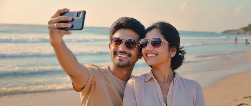 Coastal Connection: A joyful pair captures their beachside memories. The sun-kissed smiles reflect the essence of their travel, etching a beautiful scene by the sea.