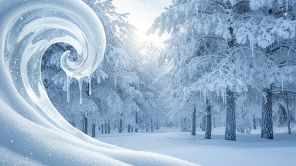 White, snowy winter forest landscape with frozen pine trees under a cold blue sky