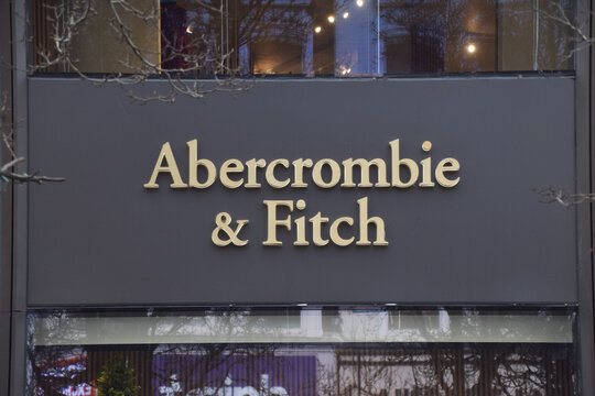 General view of the sign at Abercrombie and Fitch, on December 10 2025 in London, UK