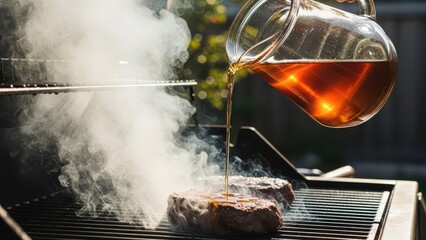 Barbecue grilling with steam and steam vapor on a sunny outdoor day