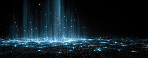 Abstract blue digital light streams falling onto a glowing data grid against black