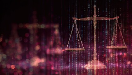 Scales of justice in a digital realm with binary code and sparkling light effects