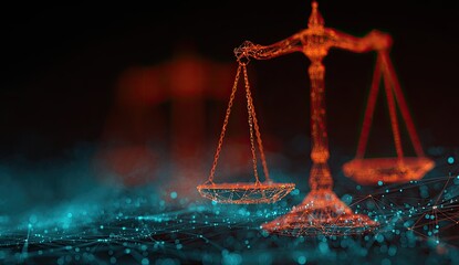 Digital scales of justice glowing orange amidst a futuristic blue network connection