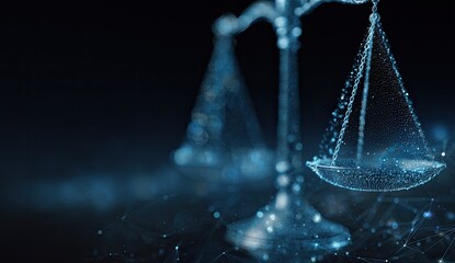Digital scales of justice composed of glowing particles on a dark, connected background