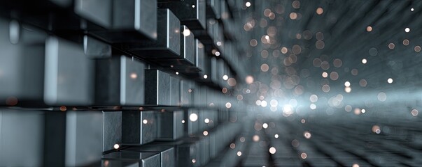 Abstract digital art with dark metallic cubes, glowing light, and sparkling particles