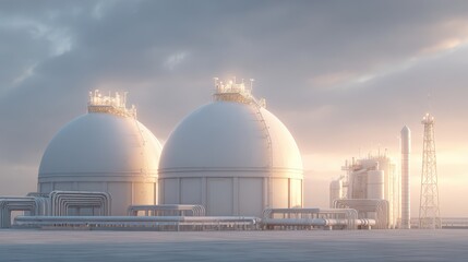 Obraz premium Large white LNG storage tanks under a cloudy daylight sky