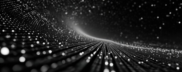Abstract grayscale digital tunnel with glowing dots and light trails, futuristic concept