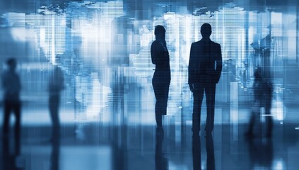 Silhouettes of business people against a blue world map with data visualizations