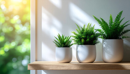 Bright Natural-Lit Corner with Wooden Shelf and Small Potted Plants