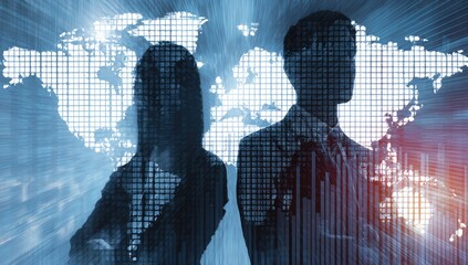 Professional silhouettes overlay global map and data, depicting business and technology