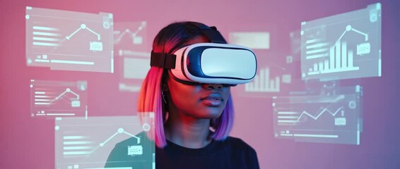 Immersive Tech Experience: A woman wearing a VR headset is surrounded by data visualization graphics, symbolizing exploration of virtual interface. - Powered by Adobe