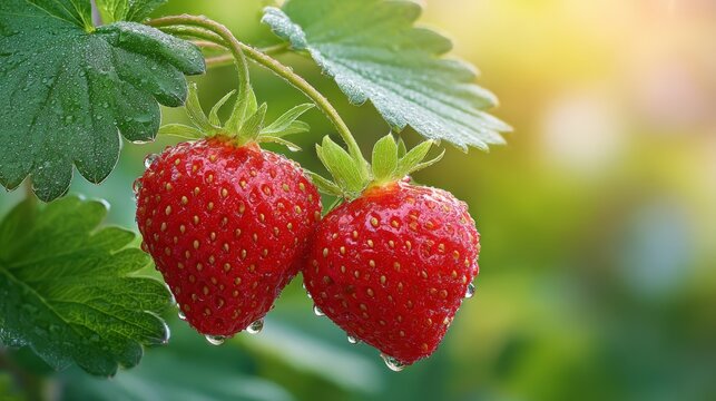 Fresh strawberries with dew drops glistening in sunlight, surrounded by vibrant green leaves, showcasing the beauty of nature and the essence of summer harvest - Powered by Adobe