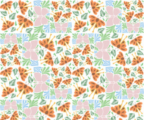 Seamless Retro Butterfly and Floral Pattern Vector with Colorful Vintage Flowers and Decorative Leaves