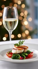 Gourmet dish featuring seared scallops on a bed of sauteed spinach and cherry tomatoes, elegantly presented with a glass of white wine, creating a festive dining atmosphere