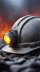 Fototapeta premium Mining helmet with a glowing headlamp resting on dark gravel, illuminated by warm fiery reflections, symbolizing hard labor, industrial environment and the demanding nature of underground work.