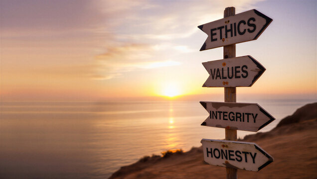 Guiding Principles: Ethics, Values, Integrity, Honesty Signpost. Direction for Moral & Business Choices over Ocean Sunset.